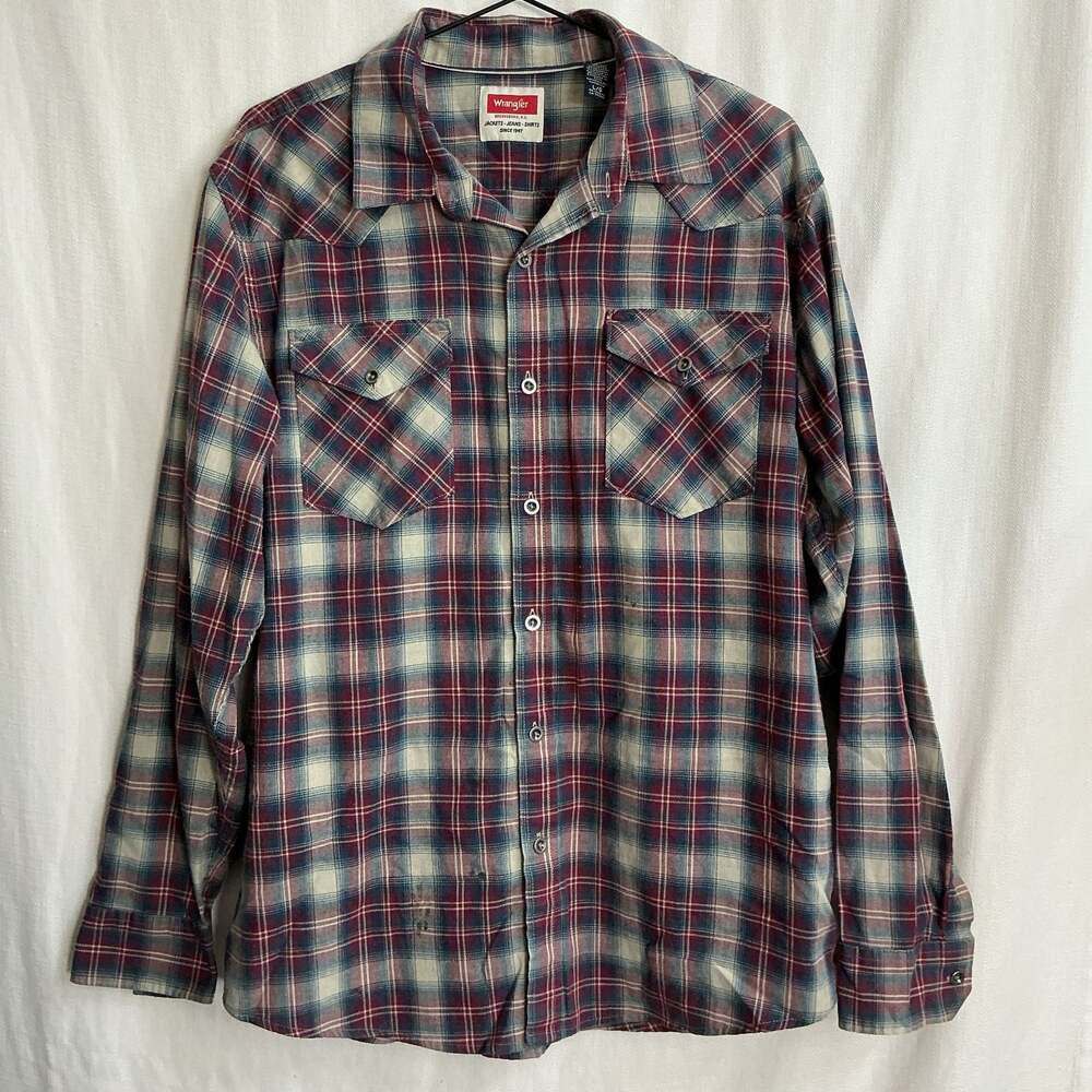 Wrangler Red Blue Plaid Western Long Sleeve Shirt Large